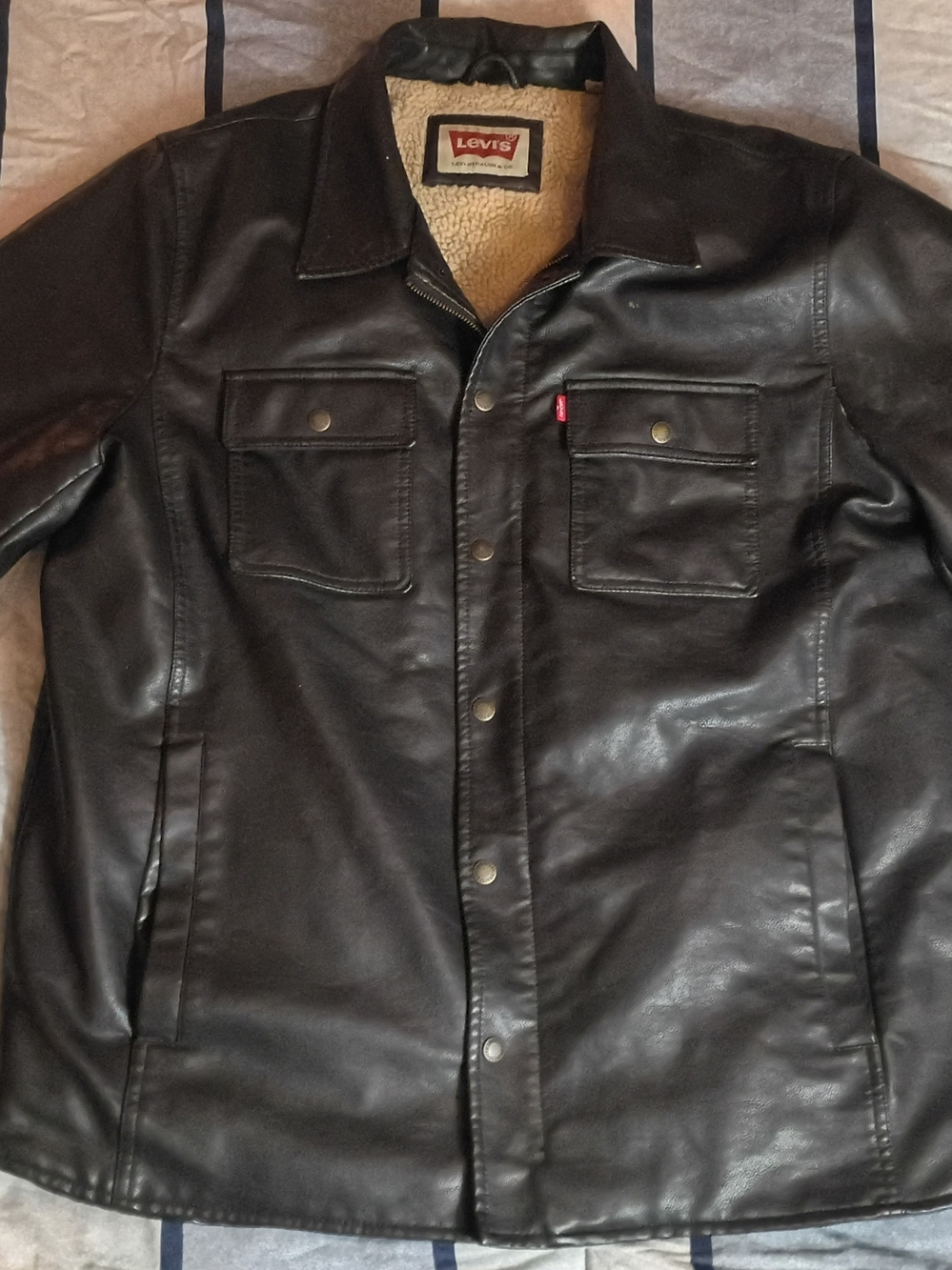 Levi's Strauss Co. Black Faux Leather Bomber Jacket Coat w/ Warm Sherpa Mens XL